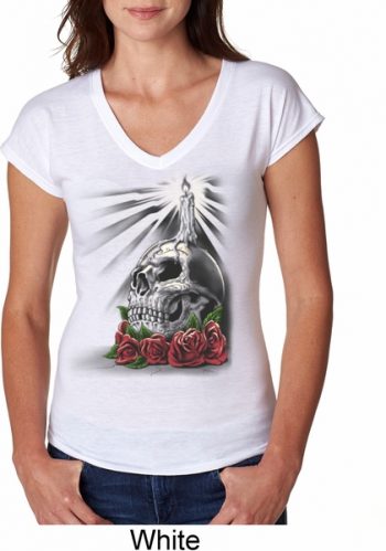 Halloween Day of the Dead Candle Skull Ladies Tri Blend V-Neck Shirt