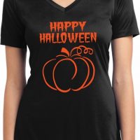 Happy Halloween with Pumpkin Sketch Ladies Dry Wicking V-neck