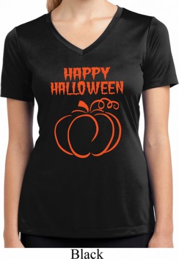 Happy Halloween with Pumpkin Sketch Ladies Dry Wicking V-neck