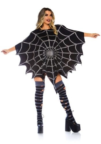 Black Glitter Spider Web Women's Poncho Costume