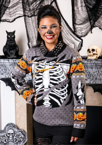 Ripped Open Skeleton Ugly Halloween Sweater for Adults