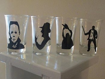 4 Slasher Shot Glasses Michael Myers Freddy Jason Leatherface Horror Halloween Merch Massacre Bar Drinkware