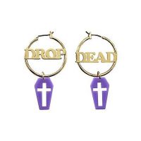 Goldtone and Purple Drop Dead Coffin Hoop Earrings