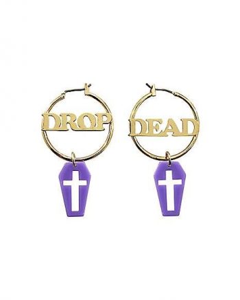 Goldtone and Purple Drop Dead Coffin Hoop Earrings