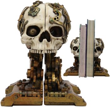 Ebros Gift Cyborg Robotic Gearwork Factory Steampunk Skull Cranium Head Bookends Set of 2 Figurine Collectible Statue Ossuary Halloween Macabre Skulls Accent Decor