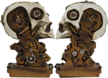 Ebros Gift Cyborg Robotic Gearwork Factory Steampunk Skull Cranium Head Bookends Set of 2 Figurine Collectible Statue Ossuary Halloween Macabre Skulls Accent Decor