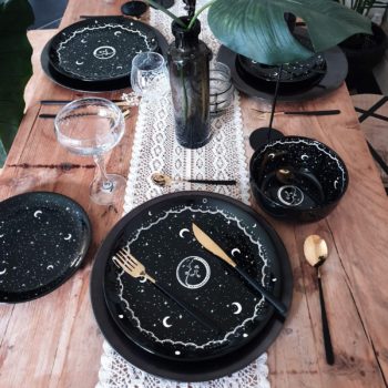 Midnight Dinnerware Set of 3 by Rogue + Wolf Black Plates & Bowl Sets, Contemporary Kitchen Table Gothic Decor, New Apartment essentials for First Home,...