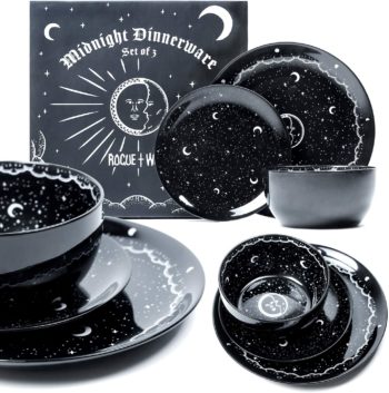 Midnight Dinnerware Set of 3 by Rogue + Wolf Black Plates & Bowl Sets, Contemporary Kitchen Table Gothic Decor, New Apartment essentials for First Home,...