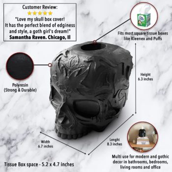 One Oak Park Modern Gothic Skull Square Tissue Box Cover Black Decor Holder Organizer for Bathroom Dresser Vanity and Countertops, Gift