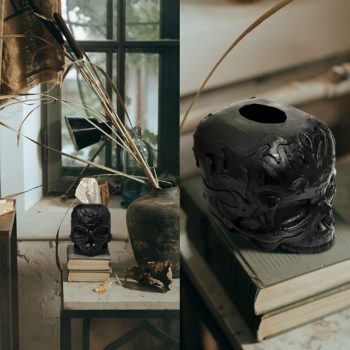 One Oak Park Modern Gothic Skull Square Tissue Box Cover Black Decor Holder Organizer for Bathroom Dresser Vanity and Countertops, Gift