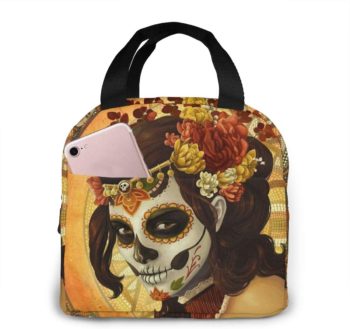 Portable Lunch Tote Bag Day Of The Dead Sugar Skull Girl's Face Art Painting Insulated Cooler Thermal Reusable Bag Lunch Box Handbag