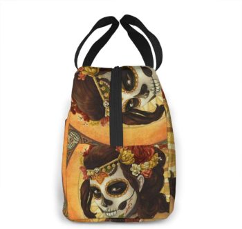 Portable Lunch Tote Bag Day Of The Dead Sugar Skull Girl's Face Art Painting Insulated Cooler Thermal Reusable Bag Lunch Box Handbag