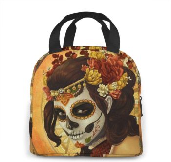 Portable Lunch Tote Bag Day Of The Dead Sugar Skull Girl's Face Art Painting Insulated Cooler Thermal Reusable Bag Lunch Box Handbag