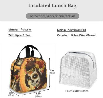 Portable Lunch Tote Bag Day Of The Dead Sugar Skull Girl's Face Art Painting Insulated Cooler Thermal Reusable Bag Lunch Box Handbag