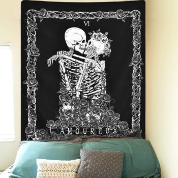 Skull Tapestry The Kissing Lovers Tapestry Black Tarot Tapestry Human Skeleton Tapestry for Room