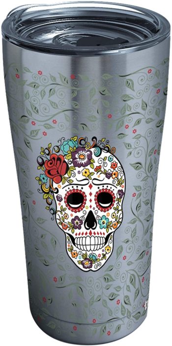 Tervis Fiesta-Skull and Flowers Stainless Steel Insulated Tumbler with Clear and Black Hammer Lid, 20oz, Silver