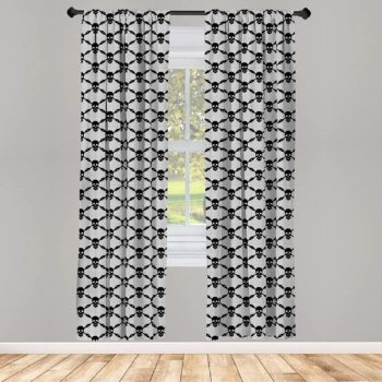 Ambesonne Gothic Window Curtains, Halloween Horror Theme Spooky Black Skulls Checkered Pattern with Skeleton Bones, Lightweight Decorative Panels Set of 2 with Rod Pocket, 56" x 84", Grey Black