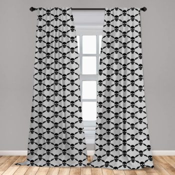 Ambesonne Gothic Window Curtains, Halloween Horror Theme Spooky Black Skulls Checkered Pattern with Skeleton Bones, Lightweight Decorative Panels Set of 2 with Rod Pocket, 56" x 84", Grey Black