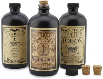 Cornucopia Brands Black 16-Ounce Glass Apothecary Bottles (3-Pack); Boston Round Bottles with Designer Labels Ideal for Aromatherapy, DIY, Herbal Treatments and Halloween, Matte Black Coated Bottles