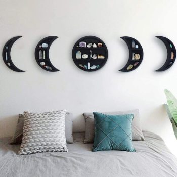 Gibbous Nimbus Large 12.2" Moon Phase Shelf Set (5 PCS) - Moon Shelf Set Moon Decor Crystal Display Shelf - Boho Shelf Decor Moon Shelf Wall Decor - Black Wooden Crescent Moon Crystal Shelf Decor