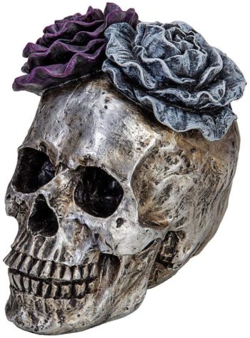 Halloween Skull Statues Home Decor Day of Dead Purple Grey Rose Silver Skull Resin Figurine Flower Skull Decor 7.25" L