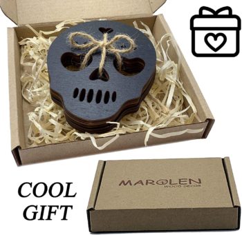 Marolen Black Skull Wooden Coasters - This Spooky Gothic Decor Includes 4 Sugar Skull Coasters - Great Gift for Witchy Home Decor Lovers