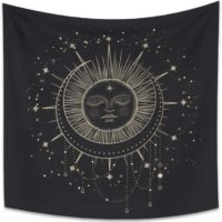 OERJU 29.5x29.5 Inch Tarot Style Tapestry Burning Sun Crescent Moon and Stars Glittering Noble Dark Scene Divination Hippie Bohemian Black Wall Hanging Dorm Decor Tablecloth Blanket Mat