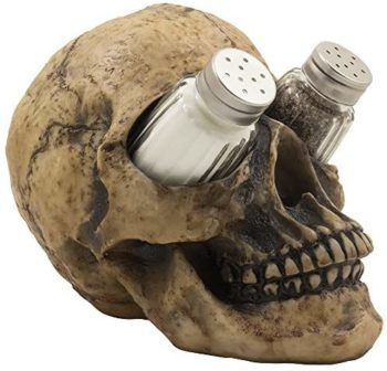 Scary Evil Human Skull Salt and Pepper Shaker Set Figurine Display Stand Holder for Spooky Halloween Party Decorations & Gothic Kitchen Decor Collectible or Novelty Gifts by Home-n-Gifts