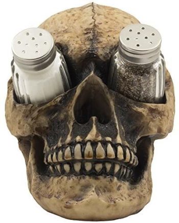 Scary Evil Human Skull Salt and Pepper Shaker Set Figurine Display Stand Holder for Spooky Halloween Party Decorations & Gothic Kitchen Decor Collectible or Novelty Gifts by Home-n-Gifts