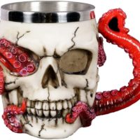 Skull Mug Parasite Octopus Beer Coffee Mugs with Tentacle Handle, Stainless Steel and Resin Tankard Skeleton Cranium Skull Beverage Drinking Cup for Ossuary Macabre Halloween Decorative Accent - 13oz