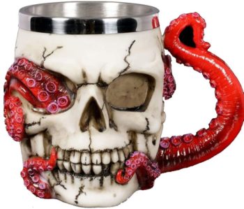 Skull Mug Parasite Octopus Beer Coffee Mugs with Tentacle Handle, Stainless Steel and Resin Tankard Skeleton Cranium Skull Beverage Drinking Cup for Ossuary Macabre Halloween Decorative Accent - 13oz