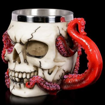 Skull Mug Parasite Octopus Beer Coffee Mugs with Tentacle Handle, Stainless Steel and Resin Tankard Skeleton Cranium Skull Beverage Drinking Cup for Ossuary Macabre Halloween Decorative Accent - 13oz