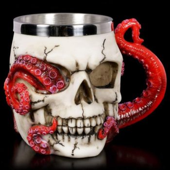 Skull Mug Parasite Octopus Beer Coffee Mugs with Tentacle Handle, Stainless Steel and Resin Tankard Skeleton Cranium Skull Beverage Drinking Cup for Ossuary Macabre Halloween Decorative Accent - 13oz