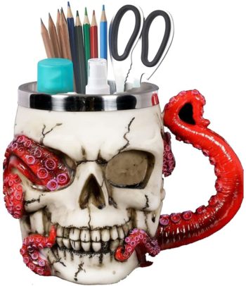 Skull Mug Parasite Octopus Beer Coffee Mugs with Tentacle Handle, Stainless Steel and Resin Tankard Skeleton Cranium Skull Beverage Drinking Cup for Ossuary Macabre Halloween Decorative Accent - 13oz