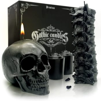 Spine & Skull Candle Set - Scented 4 Pack - Gothic Decor for Bedroom - Black Skull Decor for Home - Goth Room Decor - Horror Decor - Coffin Shelf Gothic Furniture Match - Witchcraft Decor