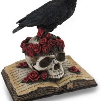 Veronese Design Perched Raven On Rose Skull and Open Poetry Book Statue