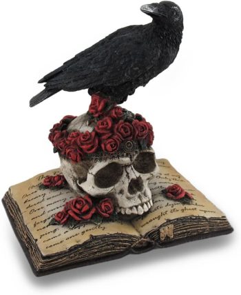 Veronese Design Perched Raven On Rose Skull and Open Poetry Book Statue