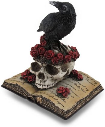 Veronese Design Perched Raven On Rose Skull and Open Poetry Book Statue