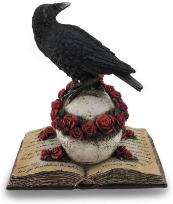 Veronese Design Perched Raven On Rose Skull and Open Poetry Book Statue