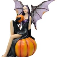 Comfy Hour Fairyland Collection 6” Dark Fairy Witch Holding A Pumpkin Sits On Pumpkin, Polyresin Figurine, Halloween Theme Gift, Home Decoration and Collectibles