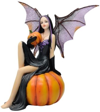 Comfy Hour Fairyland Collection 6” Dark Fairy Witch Holding A Pumpkin Sits On Pumpkin, Polyresin Figurine, Halloween Theme Gift, Home Decoration and Collectibles