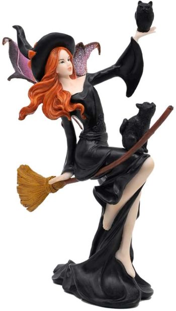 Comfy Hour Fairyland Collection 9” Dark Fairy Witch On Magic Broom with Black Cat Figurine, Halloween Theme Gift, Home Decoration and Collectibles, Polyresin