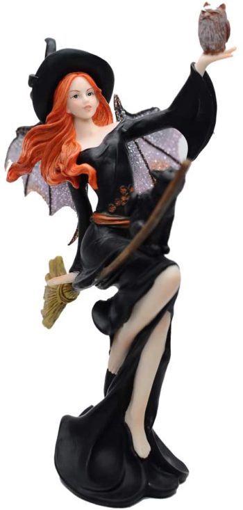 Comfy Hour Fairyland Collection 9” Dark Fairy Witch On Magic Broom with Black Cat Figurine, Halloween Theme Gift, Home Decoration and Collectibles, Polyresin