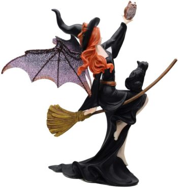 Comfy Hour Fairyland Collection 9” Dark Fairy Witch On Magic Broom with Black Cat Figurine, Halloween Theme Gift, Home Decoration and Collectibles, Polyresin