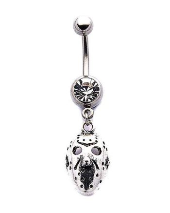 Silvertone Jason Voorhees Mask Dangle Belly Ring 14 Gauge - Friday the 13th