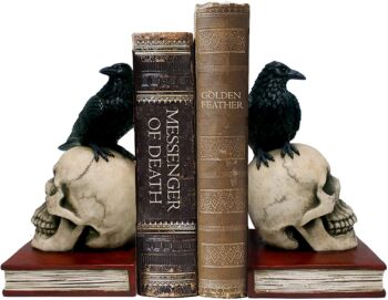 DWK - Murder and Mystery - Ravens on Skulls Bookends Gothic Poe Crow Reading Bookshelf Them for Your Library Home Décor Book Shelf Accent 8.5 Inches in Length