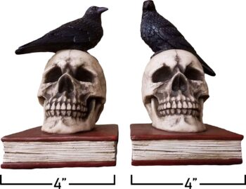 DWK - Murder and Mystery - Ravens on Skulls Bookends Gothic Poe Crow Reading Bookshelf Them for Your Library Home Décor Book Shelf Accent 8.5 Inches in Length