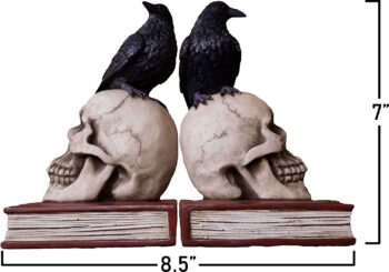 DWK - Murder and Mystery - Ravens on Skulls Bookends Gothic Poe Crow Reading Bookshelf Them for Your Library Home Décor Book Shelf Accent 8.5 Inches in Length