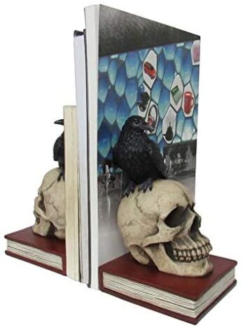 DWK - Murder and Mystery - Ravens on Skulls Bookends Gothic Poe Crow Reading Bookshelf Them for Your Library Home Décor Book Shelf Accent 8.5 Inches in Length