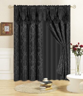 All American Collection New 4 Piece Drape Set with Attached Valance and Sheer with 2 Tie Backs Included (84" Length, Black)